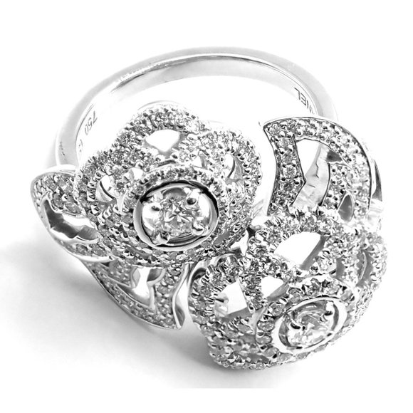 Authentic! Chanel Camellia Two Flower 18k White Gold Diamond Ring - Picture 9 of 12